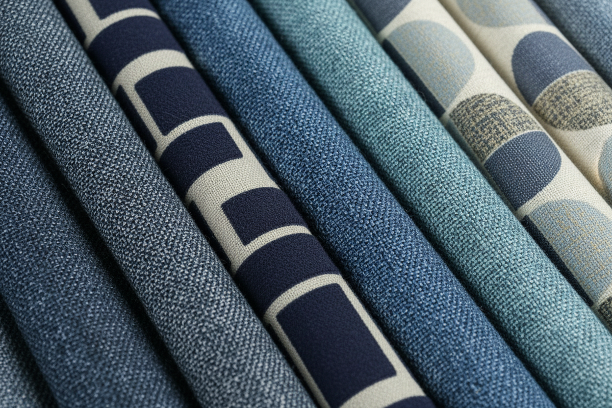 Six dark blue fabric swatches fanned out, featuring solid denim, navy geometric block print, steel blue, slate blue, medium denim, and a cream geometric half-circle print