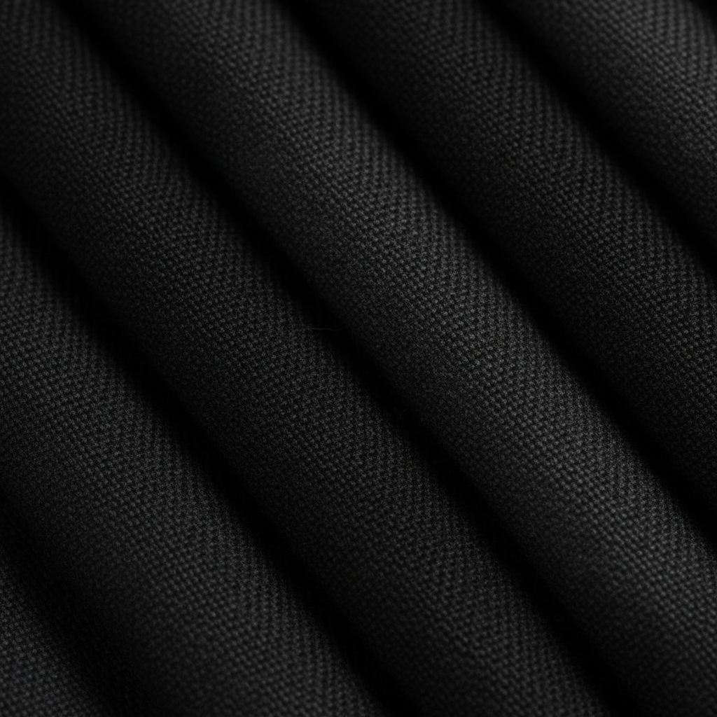 Fabric rolls in various shades of black and dark tones, showcasing rich woven texture