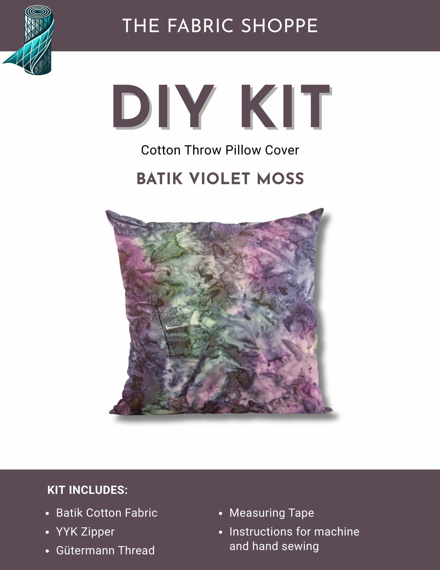 DIY Throw Pillow Cover Kit - Batik Violet Moss Cotton Fabric