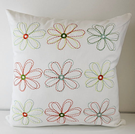 Daisy Flowers Embroidered Throw Pillow Cover 20x20"