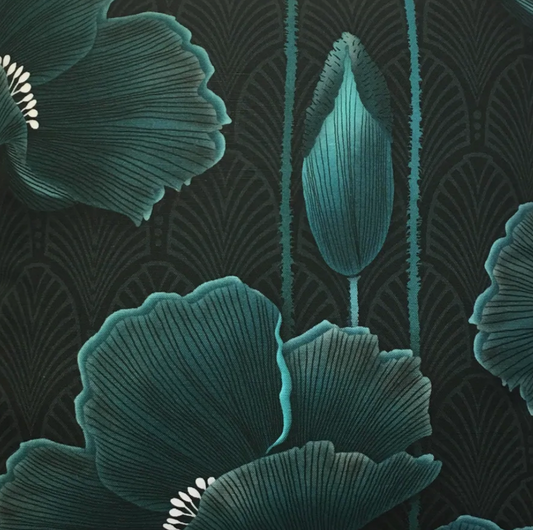 Art Deco Poppies Teal Fabric