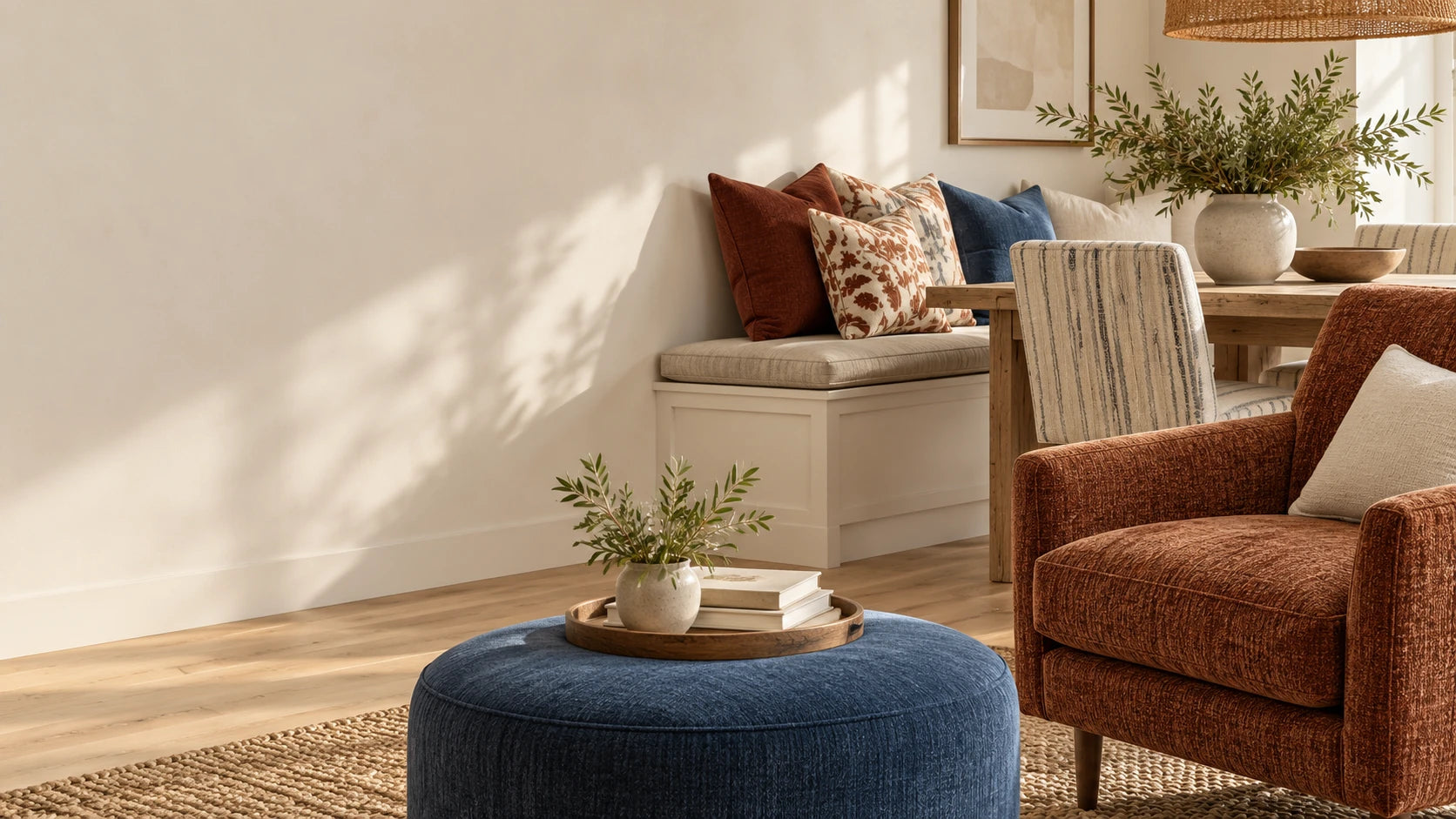 Living room with a navy upholstered ottoman and a rust-coloured armchair in warm daylight